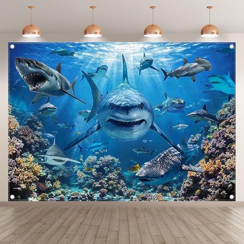 7x5ft Shark Theme Backdrop Under the Sea Deep Ocean Underwater World Aquarium Coral Reef Shallows Photography Background Kids Party Decorations Photo Banner Props