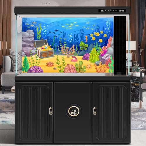 Cartoon Underwater Landscape Aquarium Background Pirate Treasure Chest with Fish Shoal Terrarium Background Ocean Coral Reef Blue Sea Waves Fish Tank Backdrop Under The Sea Theme Backdrops 24x12in - color: Marine Blue, size: 24(W)x12(H)in