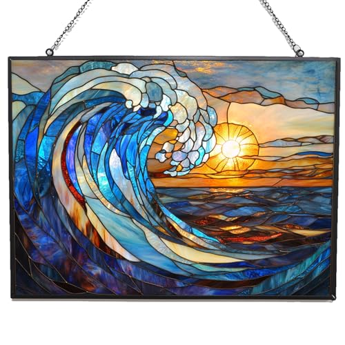 Rectangle Art Nouveau Spiral Great Wave Stained Glass Window Hanging, 15" W X 11" H Stained Glass Panel with Chain, Suncatchers for Windows Hanging Decorations, Gifts for Mom, Grandma - color: Art Nouveau Spiral Ocean Wave 1, size: 15x11 IN