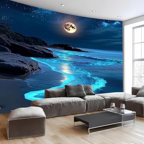 FENDROM 3D Fantasy Nature Sky Tapestry Stunningly Beautiful Moon Over Ocean Wall Hanging Landscape Wall Art Blanket for Bedroom Living Room - color: Blue, size: 79"L x 59"W