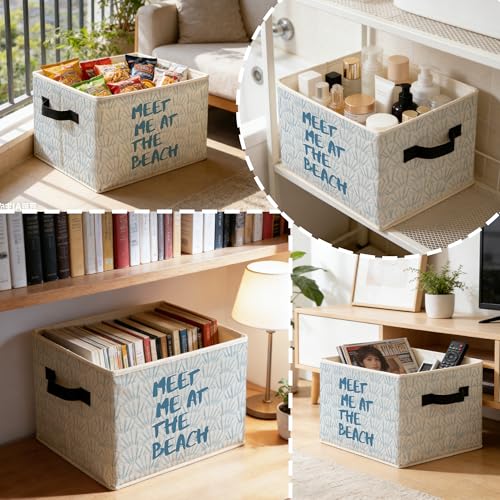 Blue Coastal Beach Seashell Storage Bins Box with Handles, Meet Me at the Beach Nautical Ocean Sea Shell Foldable Basket Toybox for Bedroom Bathroom Home Clothes Toys Books - color: color-4