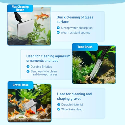 Mogoko 6 in 1 Aquarium Cleaning Tool Kit, Multi-Use Fish Tank Cleaning Kit with Telescopic Long Handle, Algae Scraper Scrubber Pad Scrub Brush Fish Net Gravel Rake
