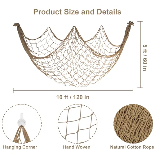 10x5 Feet X-Large Fishing Net Decor for Party - 2 Pack Brown Fish Net Decorations Under The Sea Hawaiian Pirate Beach Party Decorations, 3mm Cotton Fishnet Ocean Nautical Themed Wall Table Decor - color: Caramel, size: X-Large - 2 Pack