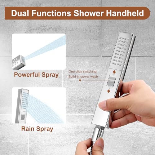 Shower Head, 12" Rain Shower Head with Handheld Spray Combo, High Pressure Rainfall Rectangle Shower Heads with Extension Arm Wide Dual Showerhead with Shower Slide Bar, Bathroom Accessories, Chrome