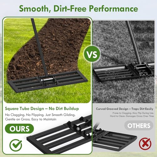 Seeutek Lawn Leveling Rake, 35” x 10” Lawn Leveler with 6.5FT Stainless Steel Handle Rakes for Lawns, 0-180° Adjustable Ground Leveler Tool for Yard, Level Soil Sand Dirt Surfaces - size: 35"*10"