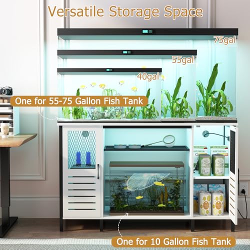 BREEZEHEAT Fish Tank Stand with Power Outlet, LED Light, 1250lbs Capacity, Heavy Duty Metal 55-75 Gallon Aquarium Stand with Cabinet, Terrarium stand Suitable for Turtle & Reptile Tank, White