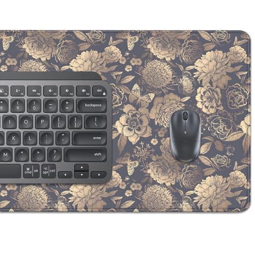 Vintage Roses and Peonies Desk Pad Mouse Pad,Dark Floral Mouse Mat with Stitched Edges,Non-Slip Rubber Base Black Mousepad for Office PC Keyboard Laptop and Home Work Desk Mat(27.5X11.8 in) - color: Retro Flowers