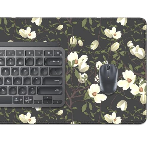 Magnolia Flowers Desk Pad Mouse Pad,Large Floral Mouse Mat with Stitched Edges,Non-Slip Rubber Base Black Mousepad for Office PC Keyboard Laptop and Home Work Desk Mat(27.5X11.8 in) - color: White flowers