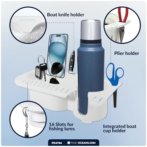 Five Oceans Boat Storage Organizer and Drink Caddy,Suction Cup Drink Holder w/Drainage Holes, Console Organizer w/Knife, Pliers, and 16 Lure Holders, Heavy-Duty ABS Plastic - FO4784 - style: With Drink, Knife, Plier Holder & Lure Slots