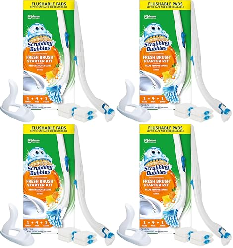 Scrubbing Bubbles Toilet Bowl Brush and Holder with Cleaner Refill Pads, Fresh Brush Toilet Wand Starter Kit, Cleans Limescale & Fights Odors, Citrus Scent, 1 Wand + 4 Refills + 1 Stand (Pack of 4) - size: 1 Count (Pack of 4), style: Starter Kit