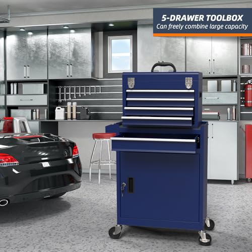 5-Drawer High Capacity Rolling Tool Box, Removable Cabinet Storage Tool Chest with Wheels and Drawers, Detachable Toolbox with Lock for Mechanics Garage Workshop and Tool Room (Blue) - color: Blue