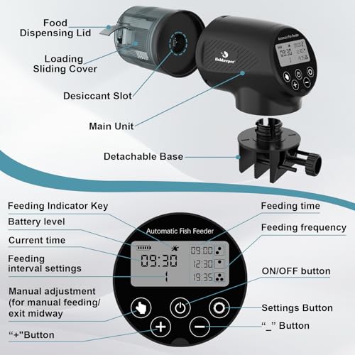 fishkeeper Automatic Fish Feeder for Aquarium: Moisture-Proof Auto Precision Feeders Dispenser with LCD Display for Small Tank Turtle Betta Koi - Battery Food Feeding Timer for Vacation Weekend Day - size: 200ML-LCD