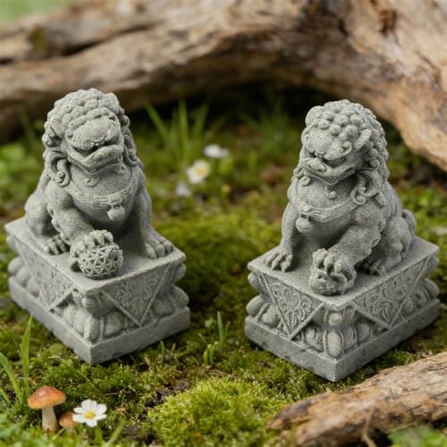 livelyfish Asian Fu Foo Dogs Statues Mini Pair of Two Guardian Lion Sandstone Figurine Pets Fish Tank Aquarium Landscape Ornaments Accessories Feng Shui Decorations (M2) - size: M2