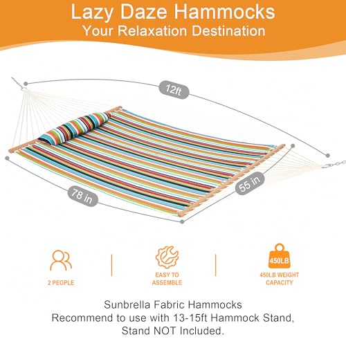 Lazy Daze Hammocks 12 FT Sunbrella Fabric Hammock Non-Fading with Spreader Bars and Free Pillow Fits for 2 Persons, All Weather and Fade Resistant for Patio Yard, 450 lbs Capacity, Carousel Confetti