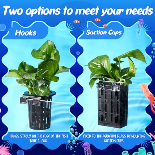 Chunful 12 Set Upgraded Large Aquarium Plant Holder Contain 12 Hanging Aquatic Pot with 72 Hooks and 24 Aquatic Planter Suction Cups for Fish Tank Aquarium Cultivation and Aquascape Decoration (Black) - color: Black