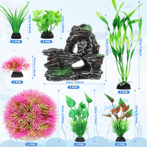 QUOZUO Fish Tank Accessories Aquarium Plants, 10pcs Colorful Fish Bowl Ornaments Plants and Rock Cave Decor Set, Aquarium Decor - color: Red