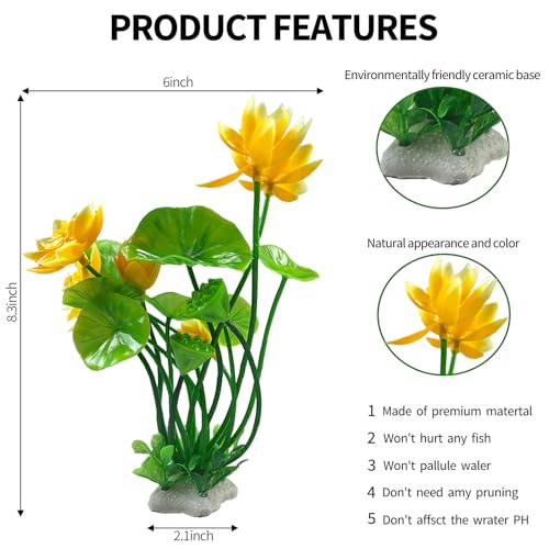Artificial Lotus Flowers for Aquarium Fish Tank Plants Decorations, 2 Pack, 8.3" High, with Yellow and Pink Blossoms, Green Stems and Leaves, Perfect for Aquarium Decor