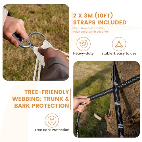 Lazy Daze Hammocks Rope Hammock with Pad, Spreader Bar, Carabiners, Tree Straps, Chains for Outside Patio- Max 450 Lbs, Cream