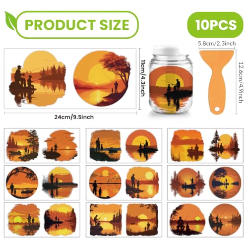 arricraft 10 Sheets Outdoor Fishing UV DTF Cup Wrap for 16OZ Glass, Sunset Views by The Lake Rub on Decals PVC Transfer Stickers for DIY Cups Wood Funiture 24x11cm/9.4x4.3inch - style: Outdoor Fishing Theme