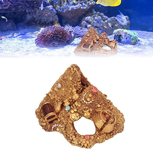Wisecoco Aquarium Decoration Cave, Fish Tank Gold Mountain Simulation Resin Aquarium Treasure Mountain Hideouts Decoration for Freshwater Saltwater 4.3 x 4.7 x 5.9 inch