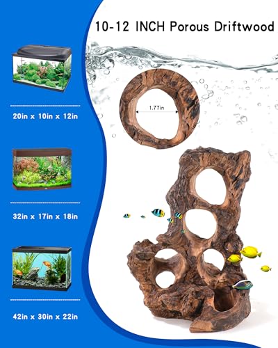 Aquarium Driftwood Fish Cave for Betta Fish Shrimp Hideout,10-12" Natural Porous Driftwood for Aquascaping with Low Tannins,Reptiles Shelter Fish Tank Decoration with Protein Cotton(No need to boil) - size: 10-12 INCHES