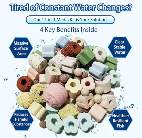 Aquarium Filter Media 12-in-1 Biological Kit - Supports Nitrogen Cycle for Crystal Clear Water, with Bio Balls & Ceramic Rings for Freshwater, Saltwater, Pond, Sump, Canister Filter(2lb) - size: 2lb(910g)