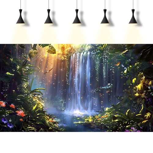 Waterfall Tropical Plants Aquarium Background Fantasy Enchanted Jungle Fish Tank Background Waterfall Cascades Vibrant Flora Sunray Reptile Tank Backgrounds Fairy Valley Terrarium Backgrounds 24x12in - color: Light Blue_Green, size: 24(W)x12(H)inches/ 60(