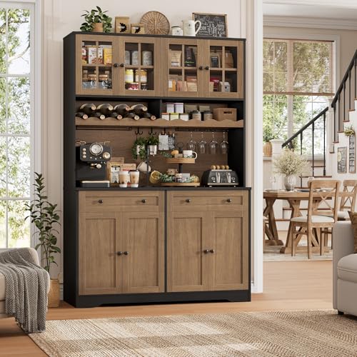 HOSTACK 75.4" Tall Kitchen Pantry Cabinet with Charging Station, Modern White Kitchen Hutch with Microwave Stand and Wine Rack, Large Food Pantry Storage Cabinet with Glass Doors and Drawers, Brown - color: Black/Brown