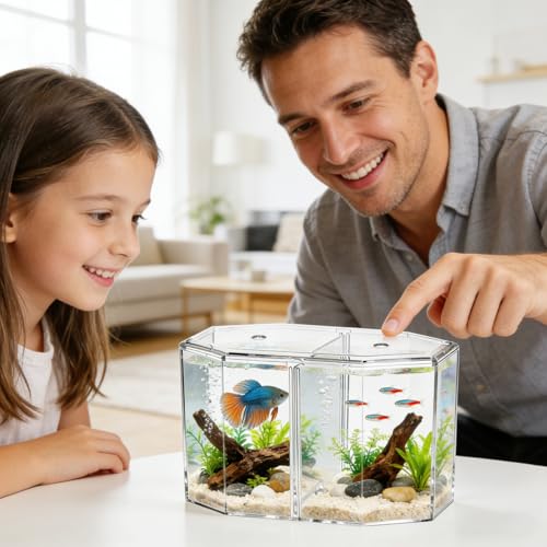 Milisten Octagon Betta Fish Tank, Clear Acrylic Desktop Aquarium with Removable Divider, 2 Compartment Breeding Isolation Box for Small Tropical Guppy Fry