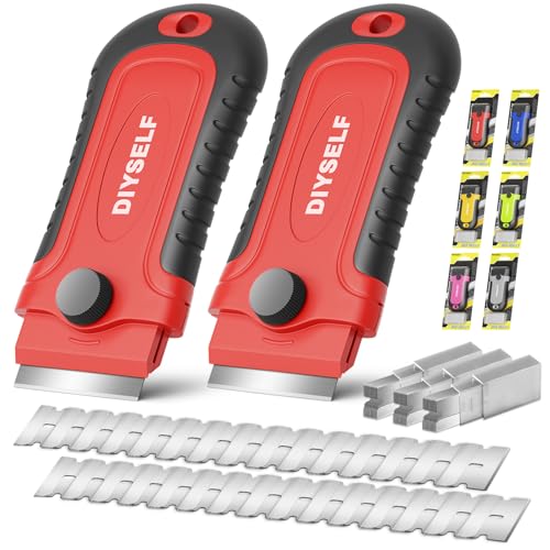 DIYSELF 2 Pack Razor Blade Scraper with 30 Pcs Blades - Scraper Tool - Scraper for Cleaning Stove, Oven, Glass, Kitchen - Paint Scraper - Razor Scraper - Glass Scraper - Glass Stove Top Scraper - color: Red, size: 2 Pack