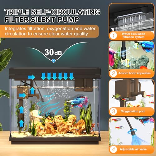 Fish Tank, 2.4 Gallon Fish Aquarium, Fish Tank Starter kit with Smart Humidifier, Temperature Display, 7-Color Lighting, 3 in 1 Quiet Pump with Filteration & Oxygenation & Circulation - color: Black