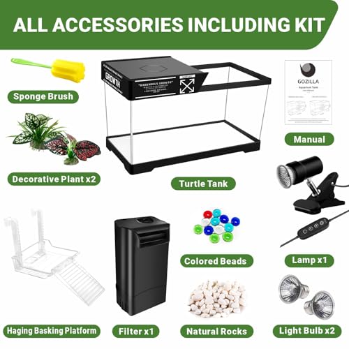 GOZILLA Aquatic Turtle Tank Kit+Lamp+Filter, Upgrade PC Turtle Tank Starter Kit with Adjustable Lamp & Filter,Reptile Habitat with Lid,Hanging Platform for Small Reptiles.(19.68×9.52×9.44''/Black Kit) - color: Large-Black-KIT