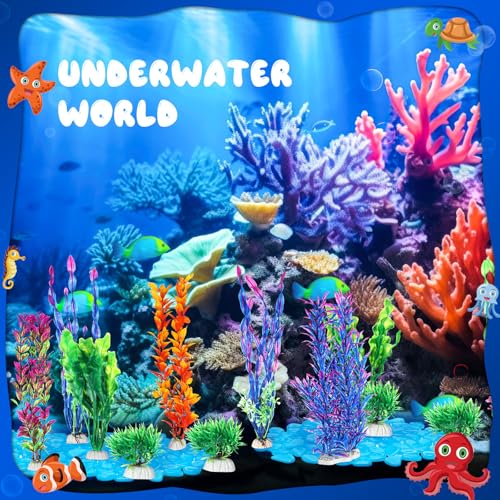 117 Pcs Fish Tank Accessories Decorations Set 100 Pcs Glow Blue Betta Fish Rocks Stones 15 Pcs Artificial Plastic Fake Aquarium Plants 2 Pcs Hammock Plant Leaf Pad for Aquarium Bowl Decor