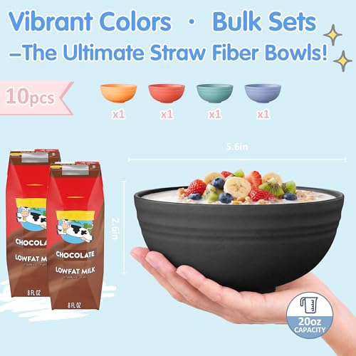 Quatish 10 PCS Unbreakable Cereal Bowls,Dishwasher & Microwave Safe Wheat Straw Bowls, Easy-to-Clean Lightweight Desserts & Soup Bowl, Portable for Picnics ，Snack Plastic Bowls Set,Black - color: Black