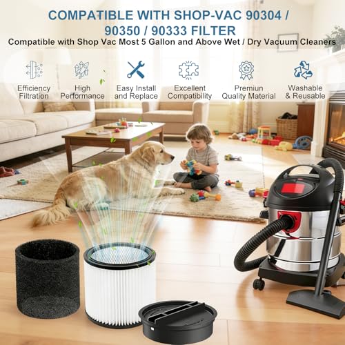 2-Pack 90304 Cartridge Filter with Lids + 4 Foam Sleeves & 1 Cleaning Brush - Replacement for Shop Vac 90304 90350 90333 90585 - Fits Most 5 Gallon & Above Wet/Dry Vacuums - High Efficiency Kit