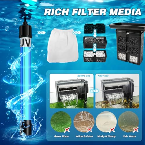 Large Hang on Back Aquarium Filter 344GPH for 40-150 Gallon Fish Tank, U-V Light Big Canister w/ Filters High Flow 5-Stage Green Killing Deodorization Machine Keep Fresh& Saltwater Water Crystal Clear - size: HB-1200