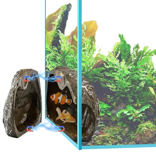 Magnetic Aquarium Cave Magnetic Rocks Fish Tank Decor with Strong Magnetics Resin Pleco Hideout for Bettas Easy Viewing Shelter(Color:Brown)