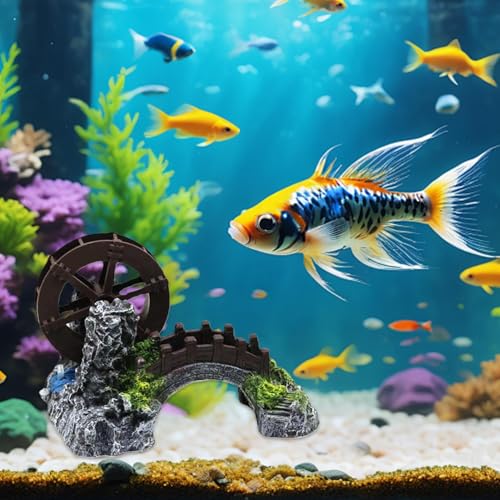 Aquarium Ornament - Water Wheel Bridge Statue, Chinese Potted Plant Simulation Decoration, Fish Tank Accessory, Sturdy Resin Material for Freshwater and Saltwater Tanks 7.09x5.91x4.72 Inches