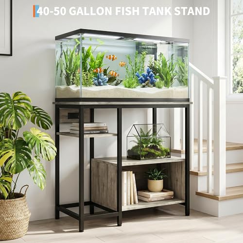 Heavy Duty 40-50 Gallon Aquarium Stand - Metal & Wood, 4-Tier Open Storage Shelves, Drawer, Power Outlets, Sturdy Legs, Supports up to 660LBS, 36.6" x 18.9" x 30.7" - Gray - color: Gray