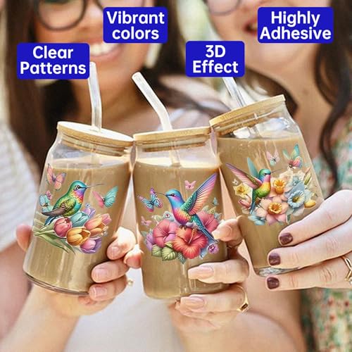 UV DTF Cup Wrap for 16oz Glass, 12 Sheets Watercolor Hummingbird UV DTF Stickers, Rub on Transfers Stickers for Mug Bottle - style: Watercolor Hummingbird