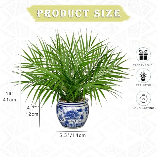 Hollyone Large Artificial Potted Plants Fake Palm Plants 16" Faux Green Plant Plastic Tropical Palm Tree in Blue and White Porcelain Ceramic Pots for Home Room Office House Indoor Decoration - color: 16" Palm Potted-10