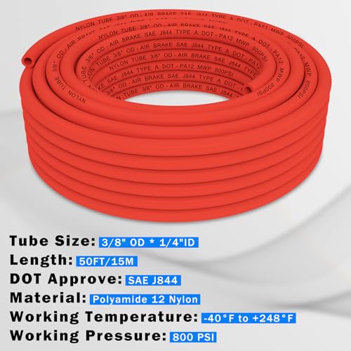 CheeMuii 50 FT 3/8" DOT Air Line Red 3/8 PA12 Nylon Pneumatic Tubing 15.2 Meter 3/8 Inch OD Pneumatic Air Tubing Pipe Hose Line for Semi Truck Trailer or Industrial Air System - color: Red, size: 3/8"OD-50FT