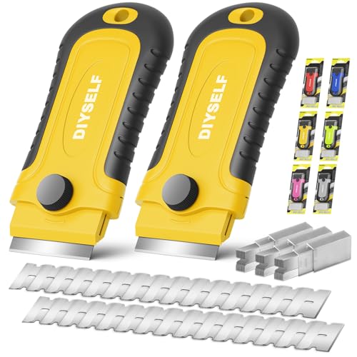 DIYSELF Razor Blade Scraper | Scraper Tool for Cleaning, Glass, Stickers | 2 Pack Scraper with 30 Pcs Extra Single-edged Razor Blades | Paint Scraper | Razor Scraper | Glass Scraper - color: Yellow, size: 2 Pack