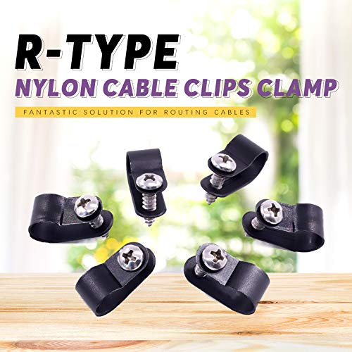 Swpeet 60 Pack Black 3/8 Inch Nylon Plastic R-Type Cable Clips Clamp Kit, Nylon Screw Mounting Cord Fastener Clips with 60 Pack Screws for Wire Management (3/8 Inch, Black) - color: Black, size: 3/8 Inch