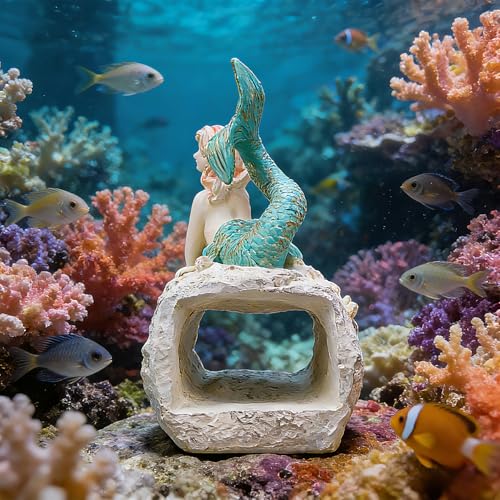 Teaeeno Faux Log Fish Cave, Predator Control and Decorative Shelter for Koi and Fish, Ponds, Aquariums, and Terrariums, Mermaid Statue Decor, Mermaid Decoration Sculpture - color: White