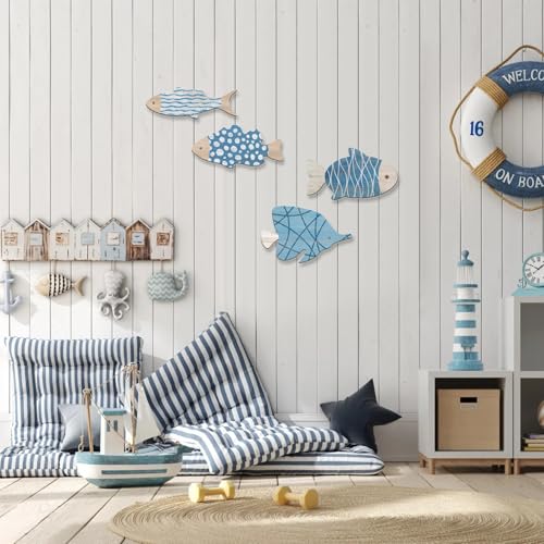 Aikgidtt 4 Pieces Wooden Fish Wall Decor Set, 12 Inch Coastal Wall Art for Bathroom, Beach House, Family Rooms - with Hooks & Adhesive Pads (Blue)