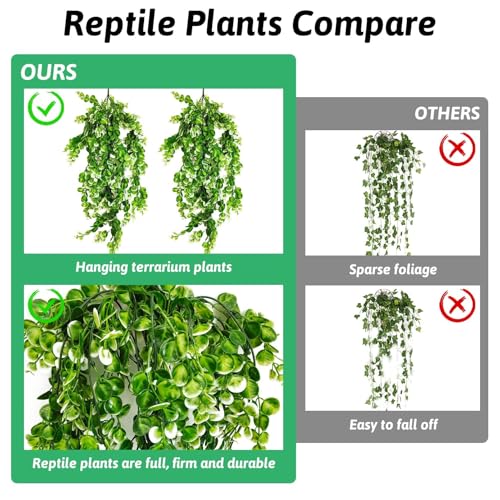 Hanging Fake Plants for Reptiles, 2 Pack Fake Reptile Plants for Reptiles Tank with Suction Cup, Reptile Plants Jungle Hanging Vines for Bearded Dragon Tank (Green and White)