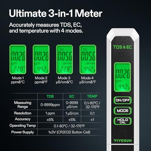 VIVOSUN Digital pH and TDS Meter Kit, 0.01pH High Accuracy Pen, 0-14.0 pH Range, ± 2% Readout 3-in-1 TDS EC Temperature Meter for Hydroponics, Pool and Aquarium, Black White, UL Certified - color: Black+White