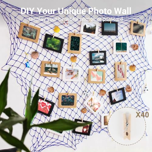 80x40 Inch Decorative Fishing Net w/Shells & Clips, 3mm Thickness Navy Blue Natural Cotton Large Photo Hanging Fishnet, Wall Party Decorations for Nautical Pirate Hawaii Mermaid Themed Party - color: Dark Blue, size: Large - 1 Pack with shells