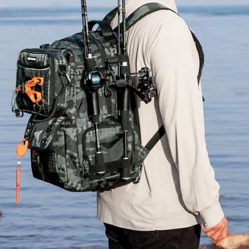 KastKing BaitSpace Fishing Tackle Backpack with Removable Bait Binder,2 Rod Holders Storage Fishing Gear and Equipment - color: F: Black Camo（Without tackle box）